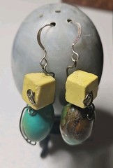 Cube Yellow Jasper and Oval Turquoise Earrings Silver Wire, Handmade