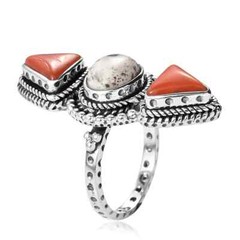 Artisan Crafted White Buffalo and Mediterranean Coral Ring in Sterling Sz 6