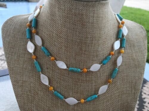 Long Necklace of White and Orange Shell Beads with Turquoise Magnesite Stone
