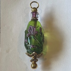 Artisan Lampwork Green Glass Floral Pendant Purple Raised Flowers 2.5” OOAK