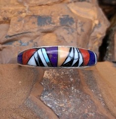 Zuni Style Inlay Band Ring Sterling Silver Size 8.5 Multi Stone Southwestern