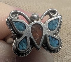 Vintage Navajo Sterling Butterfly crushed Turquoise & Coral Inlay Ring-size 4