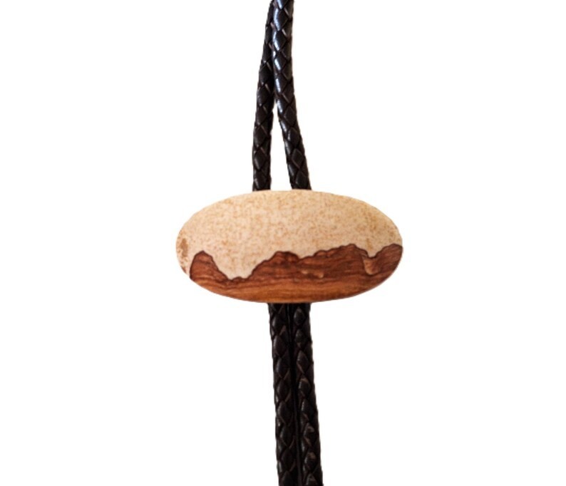 Picture Jasper Cabochon Bolo Tie on Real Brown 40″ Long Leather Nice tips PJ7