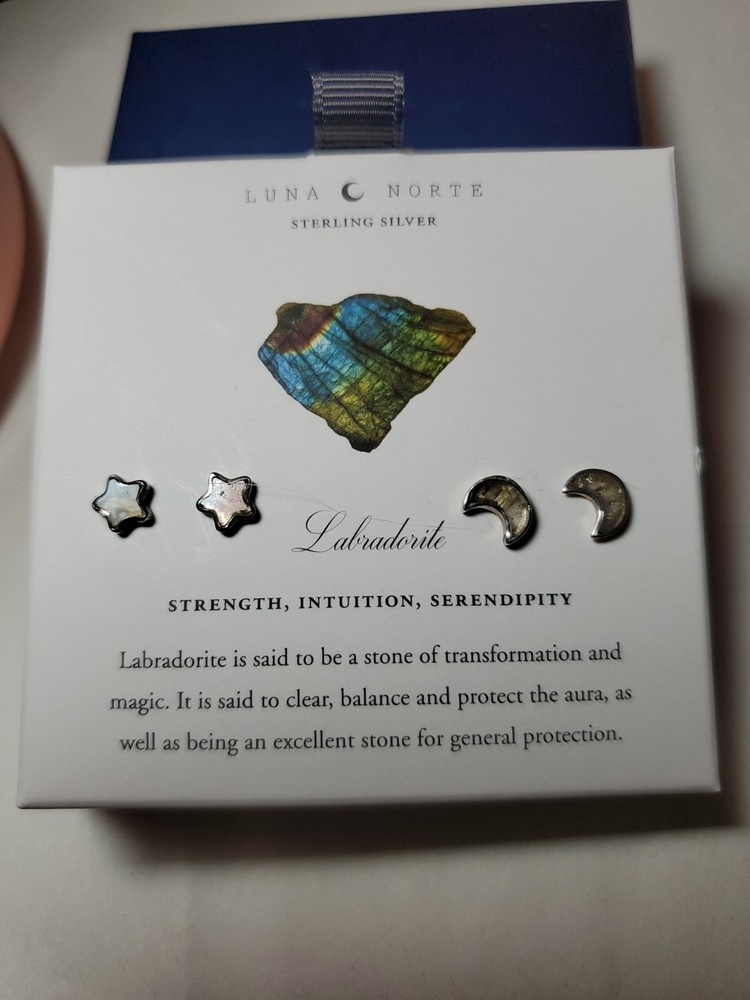 Luna Norte Labradorite Sterling Silver 2 Pairs Moon & Star Stud Post NIB & Tag