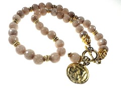 Gold Medallion Pendant Necklace Round Peach/Pink Jade Beads w/ Gold Toggle Clasp