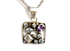 Vintage Natural Amethyst Aquamarine Zirconia 925 Sterling Silver Pendant 36mm