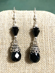 ON SALE*EXQUISITE HANDCRAFTED JET CRYSTAL BRIOLETTE & SILVER DROP EARRINGS-NEW