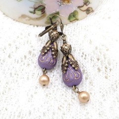 Purple & Gold Victorian Style Earrings, Acrylic Faux Pearl Antique Brass Jewelry
