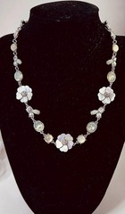 Mother of Pearl Flower, Rhinestone Choker Necklace, Silver-Tone Floral Statement