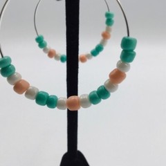 Earrings Hoop Boho Beaded Pastel Pink Teal Blue Pearly White Silver Tone Colors