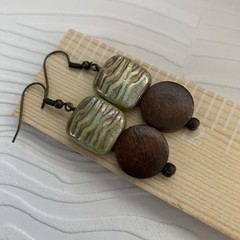 Earthy Earrings Nature Inspired Sage green Glass / Wood Beads Antiqued Style