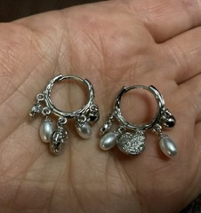 Sundance Coin Silver Hammered Hoop Pearl Earrings Boho Artisan Catalog VTG 925