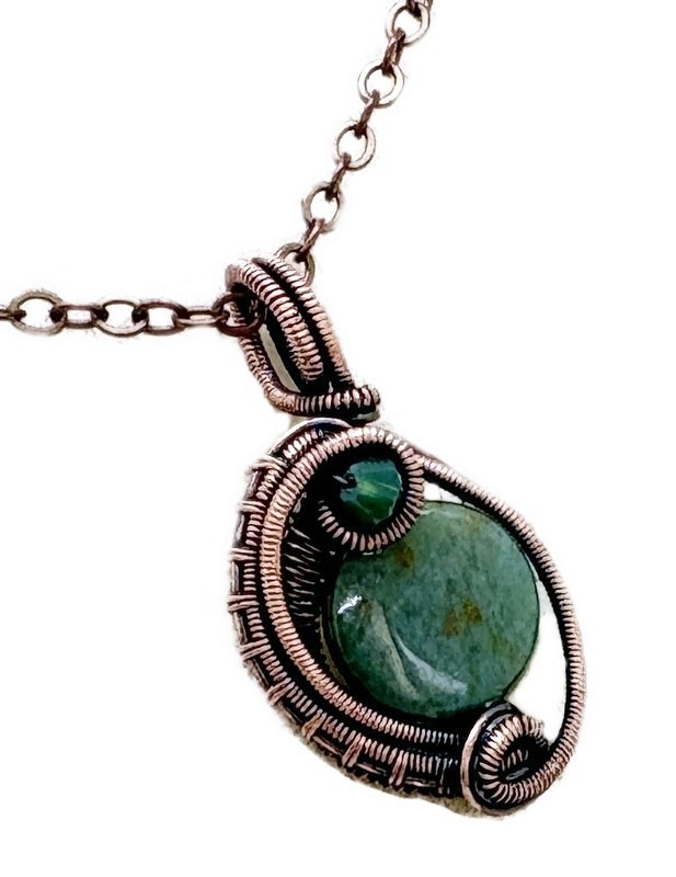 Green Jasper Wire-Wrapped Bronze Pendant with Swarovski Crystal – Mini-Woven Cir