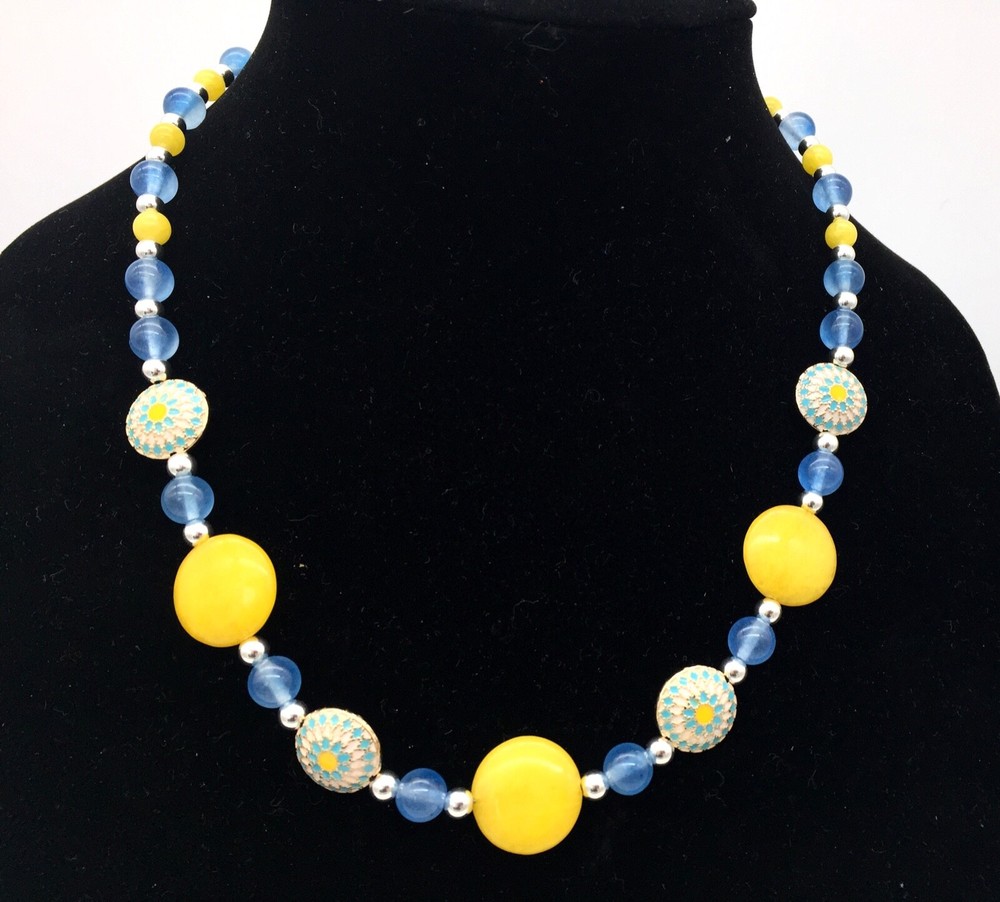 19″ Yellow Agate Necklace, Handmade Cloisonné, Silver-filled, Czech Glass, LJN18