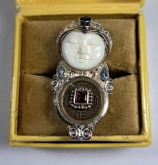 SAJEN Sterling Silver Carved Face Coin Garnet Blue Topaz RIng 8 9 10 11