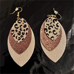 Handcrafted Layered Glitter Faux Leather Leopard Print Dangle Earrings Gold 3in
