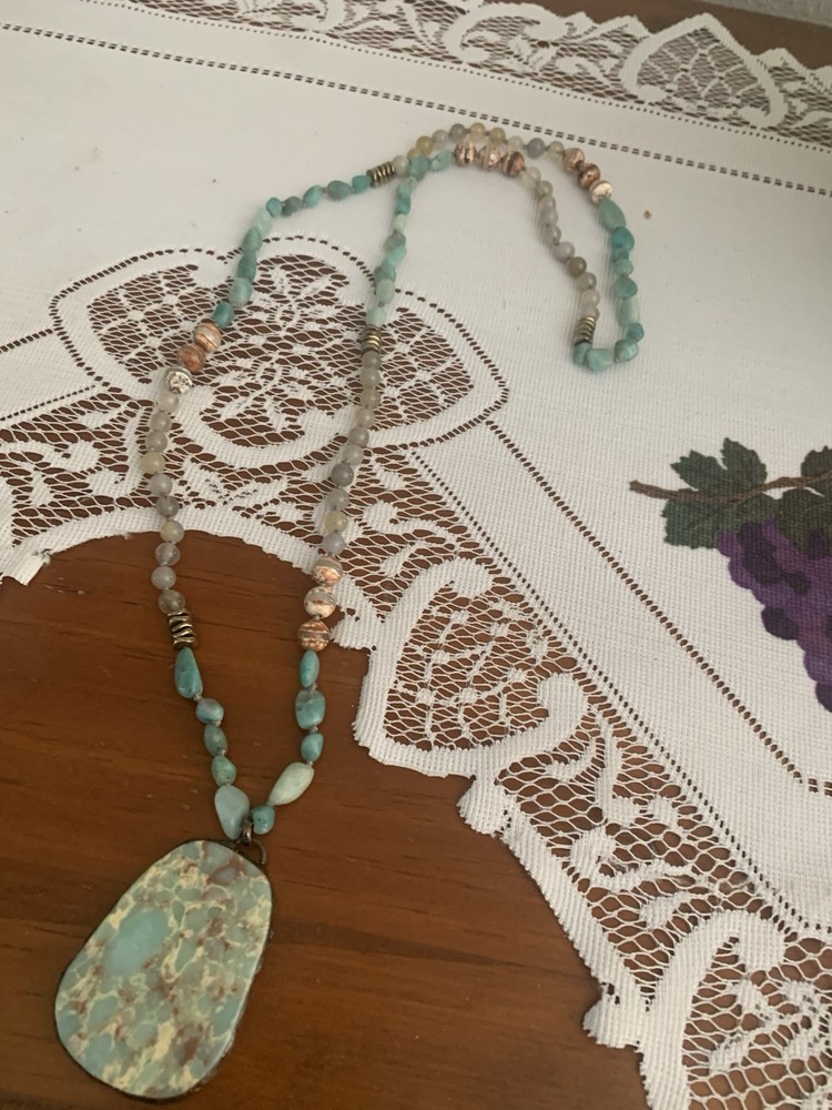 Light Green Teardrop Pendant Natural Agate Handmade With Colorful Stones 32 Inch