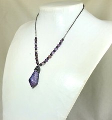Purple Quartz Crystal with Rhinestone Bail and Faceted Phantom Quartz Beads