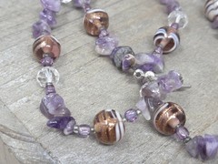Purple Venetian Murano Glass, Clear Crystal, Amethyst Chip Beaded Necklace 20″