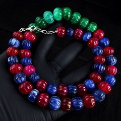 Fabulous Sapphire & Ruby Carved 784.00 Cts Beaded Jewelery Necklace RK 34 E705