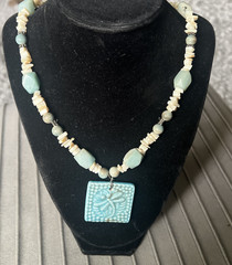 Artisan Beaded Necklace Blue Dragonfly Ceramic Tile Pendant Blue Stones & Shells