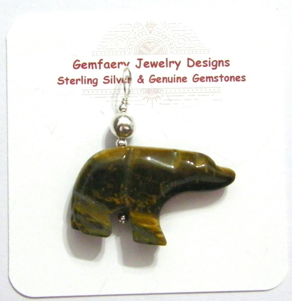 NEW: Sterling Silver Carved TIGER’S EYE Walking Bear Pendant #313…Handmade USA