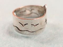 Sterling Ring with Cloud, Birds, Tree; Made in USA by Peggy Johnson; Size 5 1/2