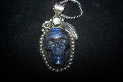 Southwestern Silver Tibetan Carved Moonstone Labradorite SKULL Pendant Necklace