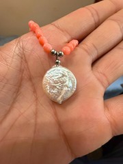 Handmade Coral Necklace with Baroque Freshwater Pearl Pendant Beaded Necklace
