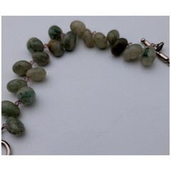 Green Moss Agate Beaded Bracelet Pink Crystal Accents Silver Tone Toggle Clasp