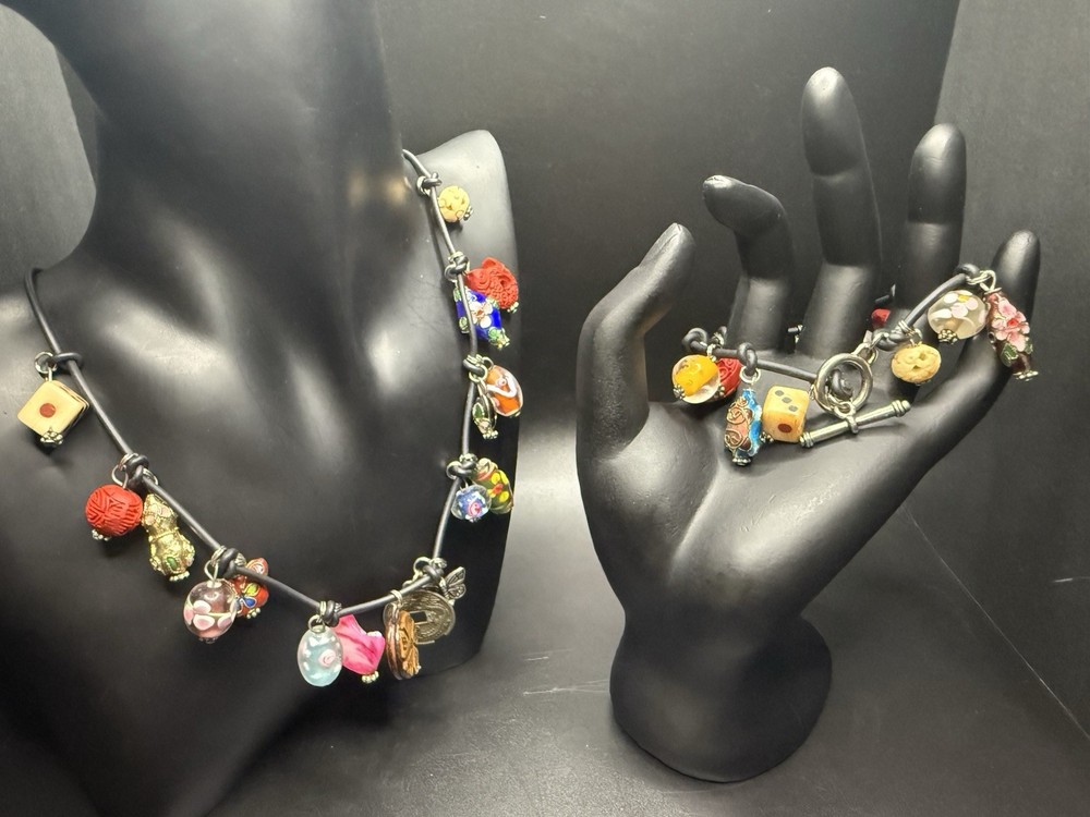 Artisan Charm Necklace Bracelet Set Millefiori Cinnabar Cloisonne Boho