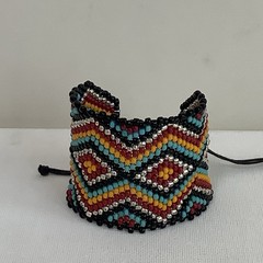 Handmade Beadweaving Bracelet Black, Red, Yellow, Turquoise, Silver