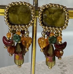 Handmade Shades Of Green Acrylic Stitched & Beaded Stud Earrings 2.25 Inches