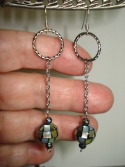 3 1/4″ Long Drop Dangle Abalone Mosaic Bead & Silver Hoop on Chain Earrings