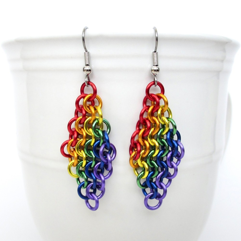 Rainbow gay pride earrings, handmade chainmail Euro 4 in 1 weave, LGBTQ jewelry