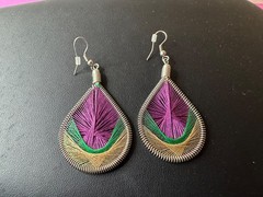 String Art Earings Tear Drop Shape Purple Greens 2″ Drop