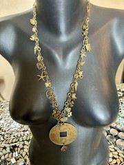 Handmade All Brass Asian Coin Necklace, Lots Of Charms, 27 Inches Long, Unique!