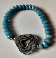 Handmade Blue Aquamarine & Sliced Black Agate Druzy Silver Beaded Bracelet