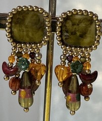 Handmade Shades Of Green Acrylic Stitched & Beaded Stud Earrings 2.25 Inches