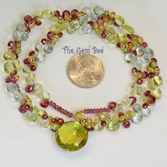 Lemon Quartz Prasiolite Garnet 19″ Cluster Necklace With 18K Solid Gold Clasp