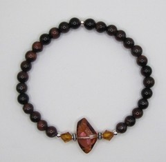 Red Tiger Eye & Crystal, Silver Plated Pewter, Sterling Bead Stretch Bracelet