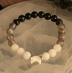 Moon Phase Stretch Bracelet 8mm 7” W/ S925 Accent Beads, Moonstone, And Agate
