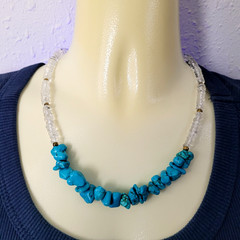 Blue Resin Stone Clear Crystal Glass Bead Necklace 18″ Artisan Made READ PLEASE