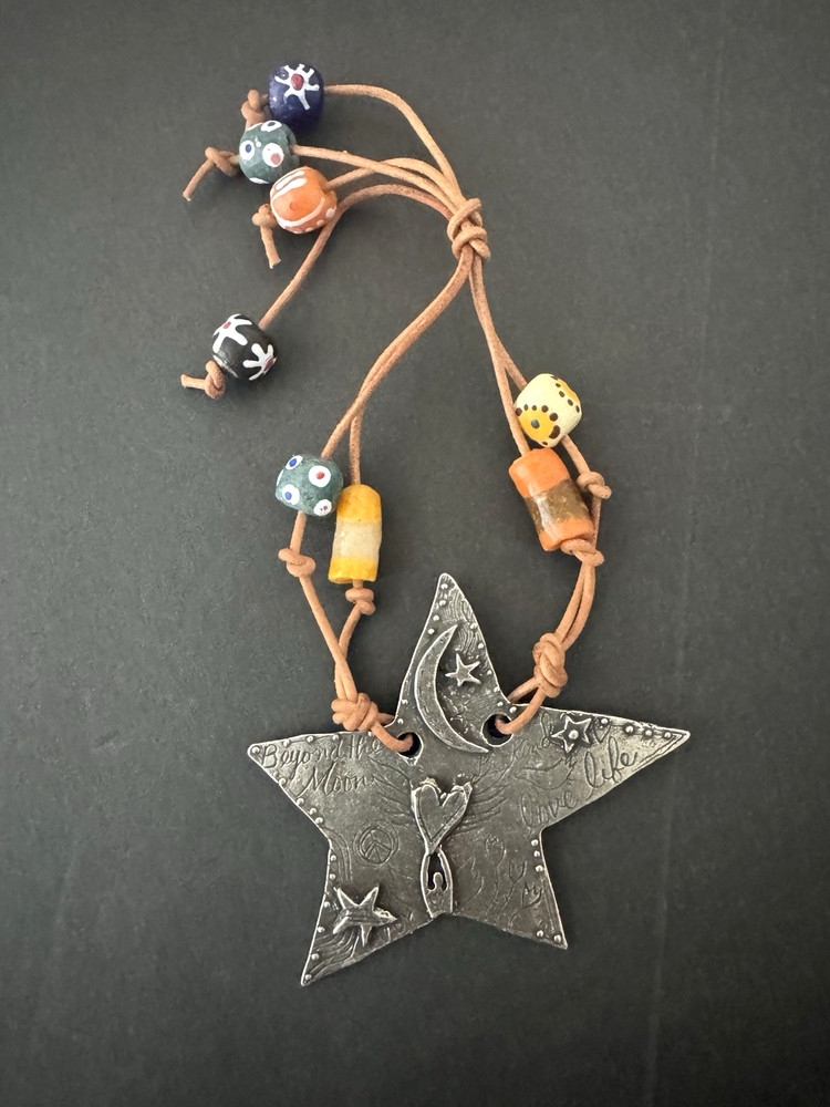Jes Maharry Shine Bright Metal Star Ornament Beaded Leather Cord Signed 2024