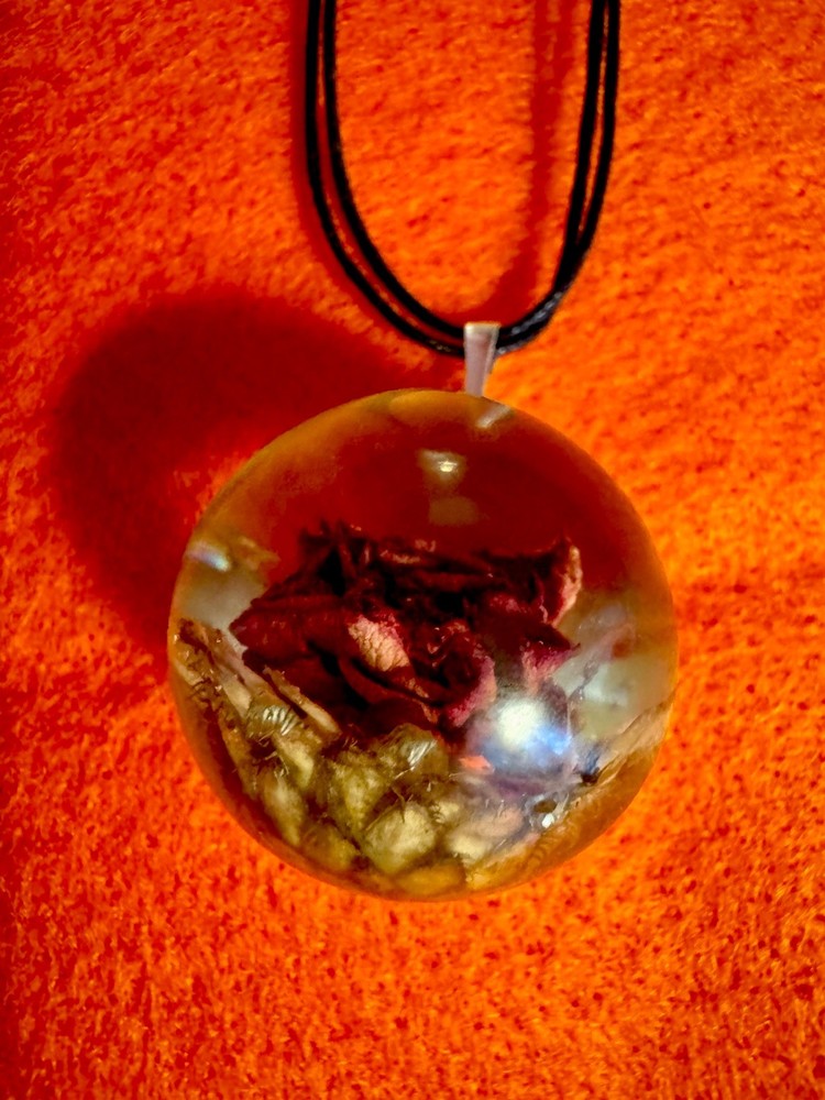 Pressed Flower Resin Orb Pendant Necklace Black Cord 1″ Sphere 9″ Drop