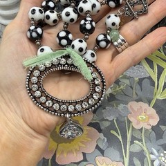 Adorned Crown Jewelry assemblage bead rhinestone pendant green ribbon necklace