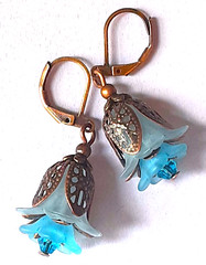 AQUA SKY BLUE acrylic & crystal FLOWER FILIGREE LEAF earring COPPER LEVER BACK