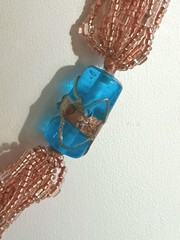 Artisan Copper Silver Multi Strand Blue Gold Enamel Glass Beaded Necklace