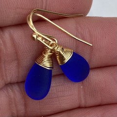 Min Favorit Cobalt Blue Sea Glass Teardrop & Gold Pl Artisan Wrap Earrings