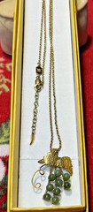 Vintage Gold Plated 9 Green Jade Grapes Cluster, Vines 2 Leafs Pendant Necklace